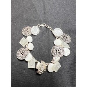 Vintage Button Charm Bracelet: White, & Silver Tone 7.5 Inch